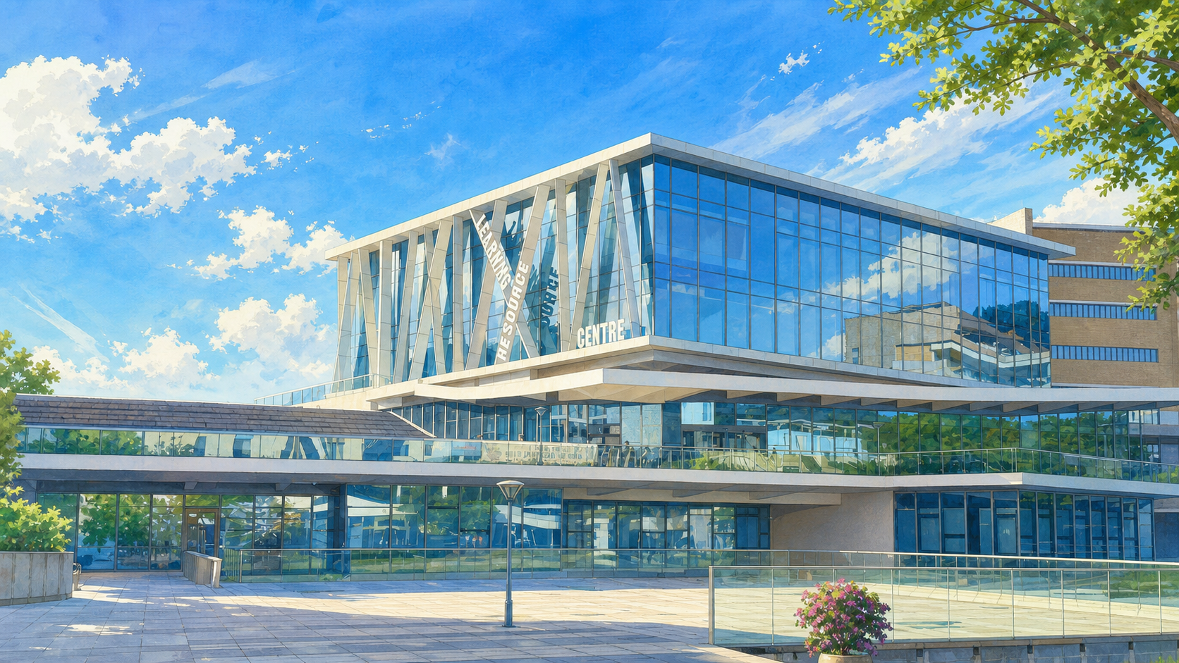 Illustrated BNBU campus scene based on the creator’s own Learning Resource Centre photograph