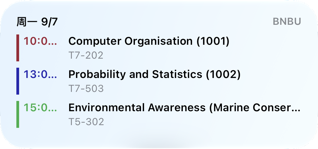 Actual medium daily timetable widget, listing three classes and their rooms