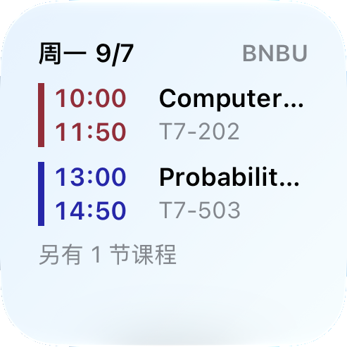 Actual small daily timetable widget, showing times and rooms for two classes and the number of remaining classes