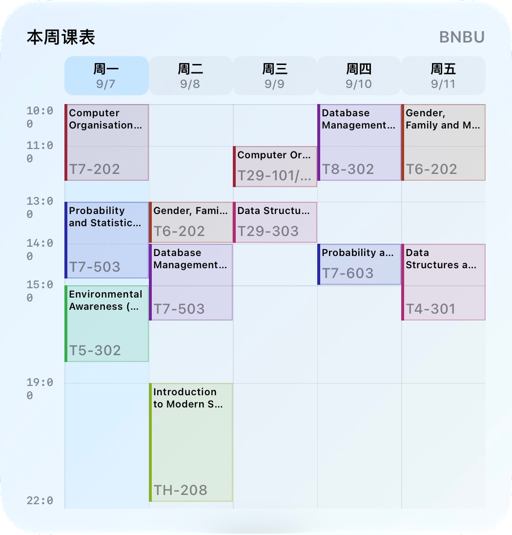 Actual large weekly timetable widget, with Monday to Friday classes and rooms in a grid
